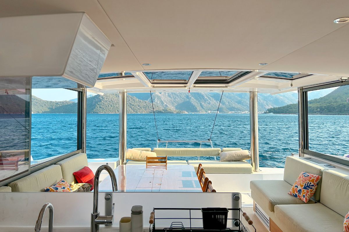 Salon of Baikal, a Bali 4.8 catamaran at Marmaris, Turkey