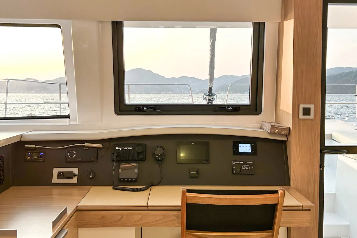 Cockpit of Baikal, a Bali 4.8 catamaran at Marmaris, Turkey