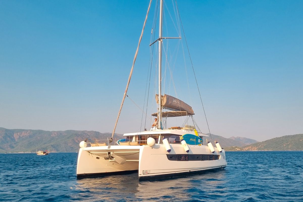 Exterior view of Baikal, a Bali 4.8 catamaran at Marmaris, Turkey