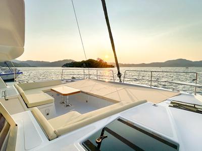 Deck of Baikal, a Bali 4.8 catamaran at Marmaris, Turkey