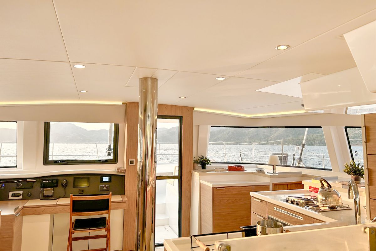 Cockpit of Baikal, a Bali 4.8 catamaran at Marmaris, Turkey