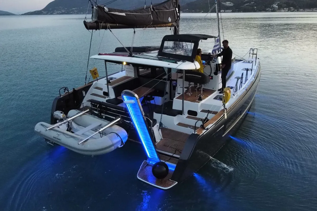 Exterior view of Sol Invictus VIP-Equipped, a Lagoon 40 catamaran at Preveza, Greece