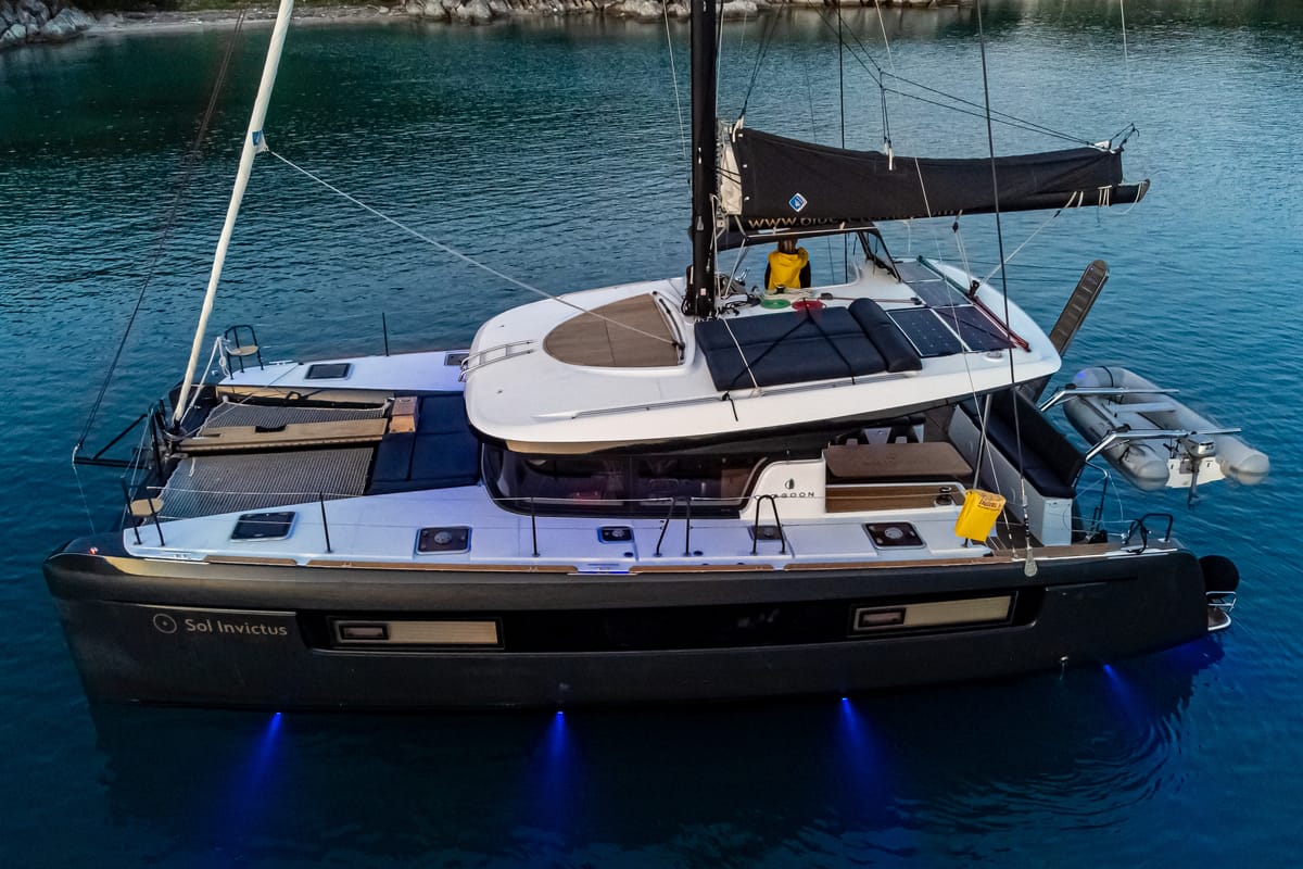 Exterior view of Sol Invictus VIP-Equipped, a Lagoon 40 catamaran at Preveza, Greece