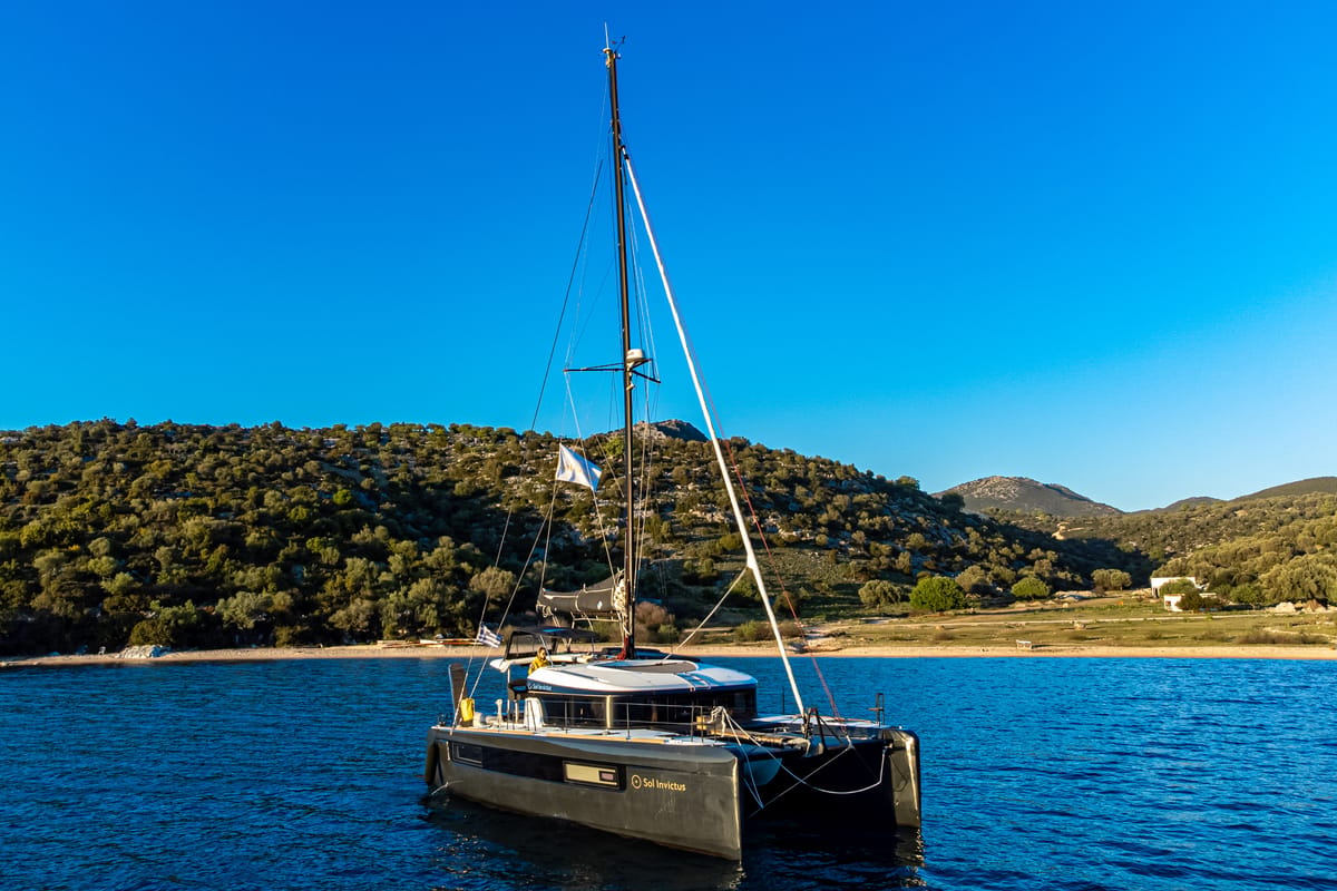 Exterior view of Sol Invictus VIP-Equipped, a Lagoon 40 catamaran at Preveza, Greece