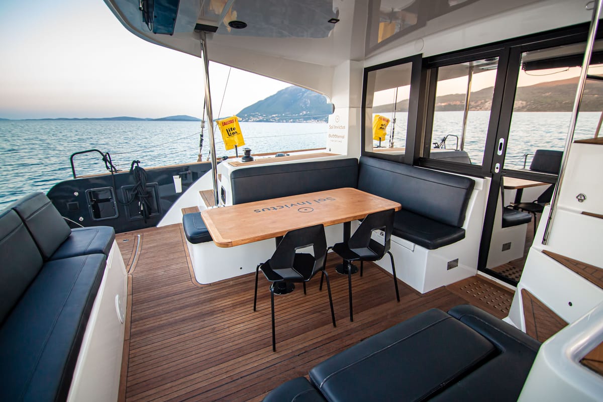 Deck of Sol Invictus VIP-Equipped, a Lagoon 40 catamaran at Preveza, Greece