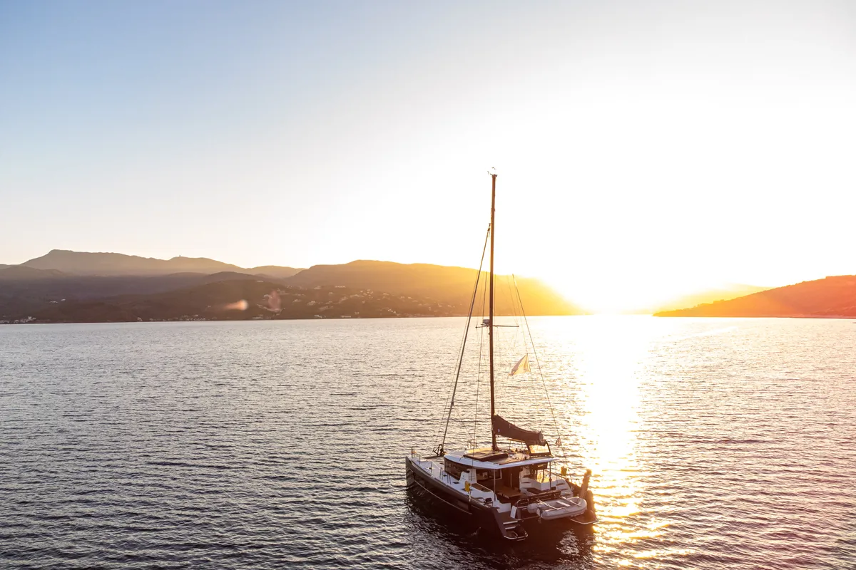 Exterior view of Sol Invictus VIP-Equipped, a Lagoon 40 catamaran at Preveza, Greece