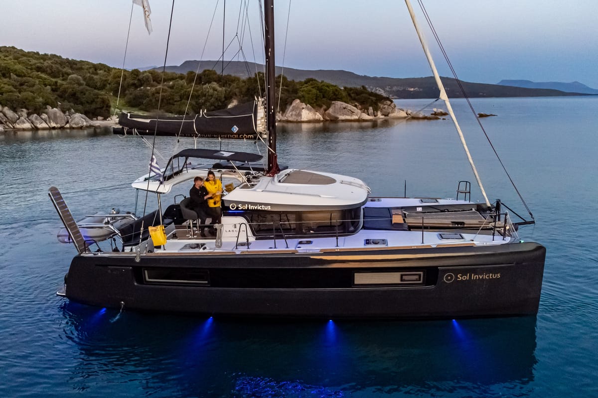 Exterior view of Sol Invictus VIP-Equipped, a Lagoon 40 catamaran at Preveza, Greece