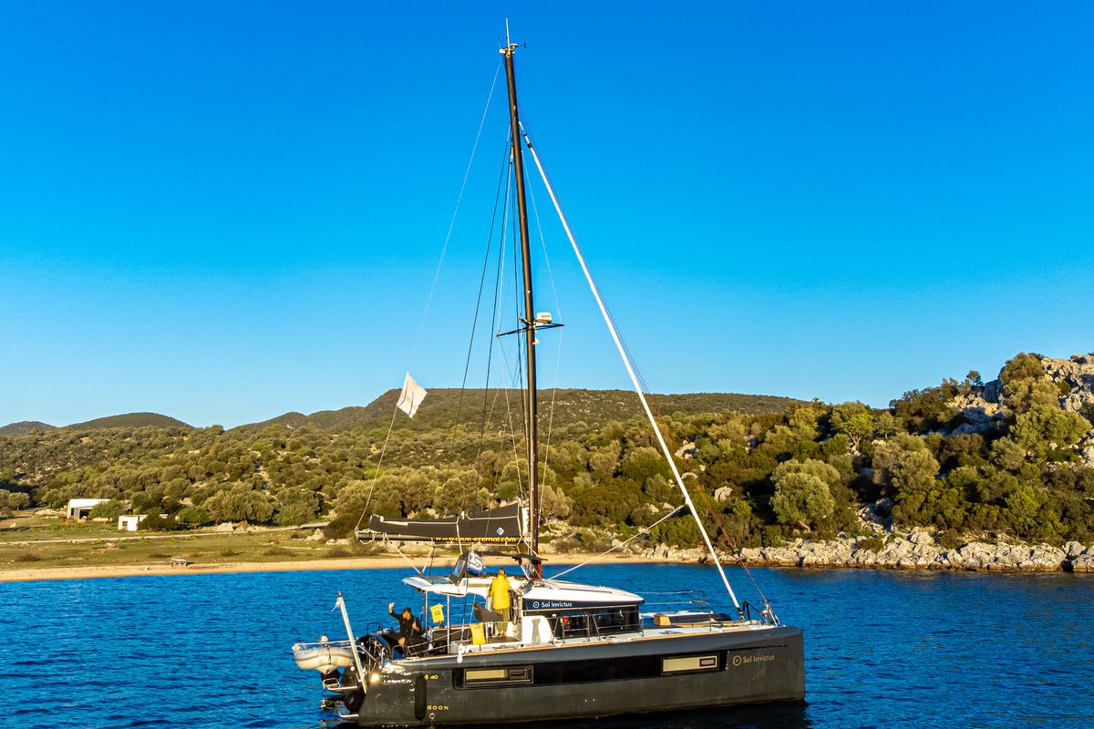Exterior view of Sol Invictus VIP-Equipped, a Lagoon 40 catamaran at Preveza, Greece