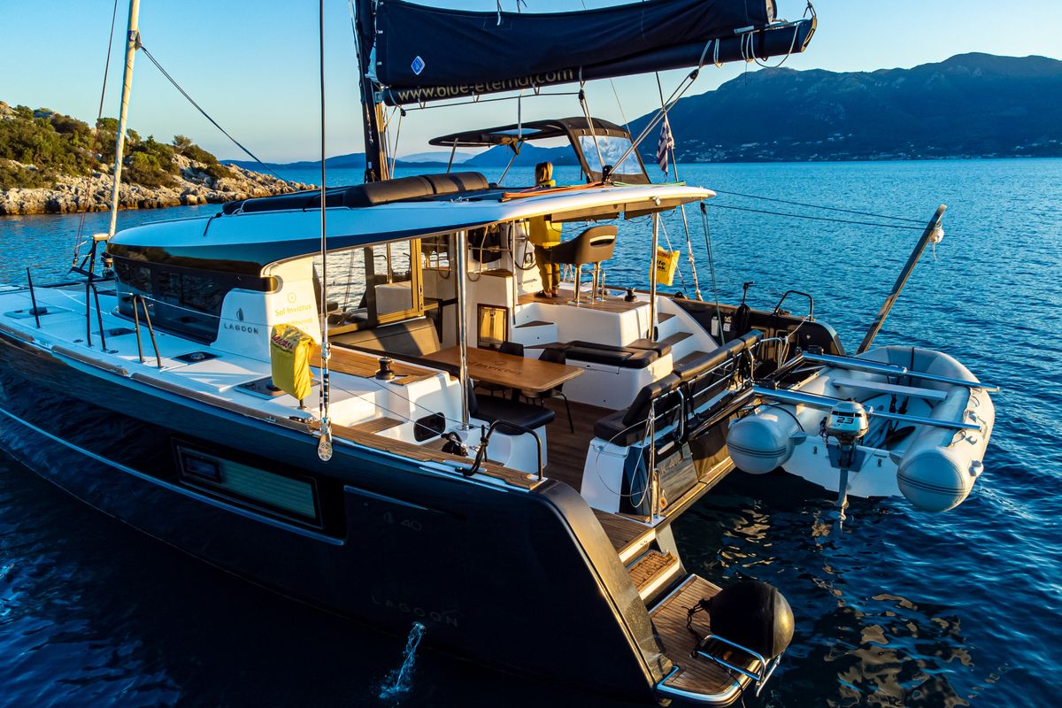 Exterior view of Sol Invictus VIP-Equipped, a Lagoon 40 catamaran at Preveza, Greece
