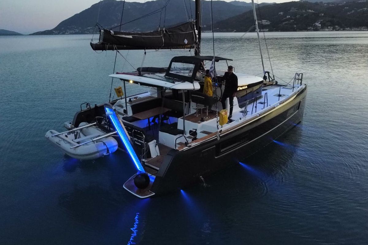 Exterior view of Sol Invictus VIP-Equipped, a Lagoon 40 catamaran at Preveza, Greece