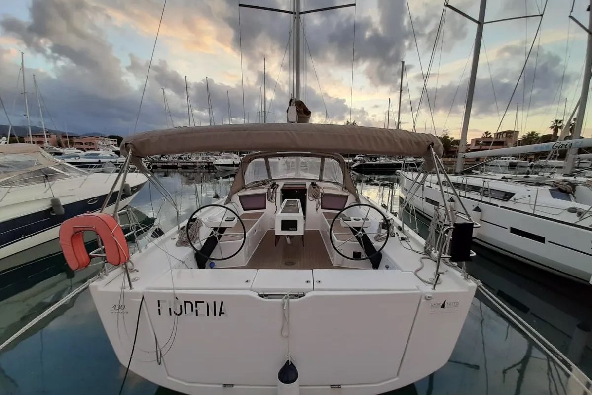 Exterior view of Fiodena, a Dufour 430 sailboat at Palermo, Italy