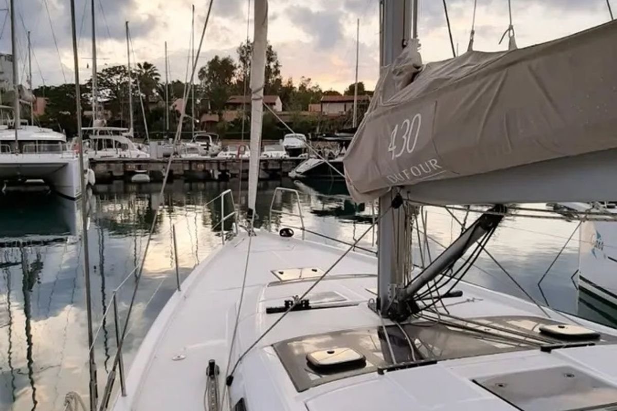 Exterior view of Fiodena, a Dufour 430 sailboat at Palermo, Italy