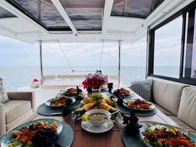 Deck of First Tracks, a Bali 4.6 catamaran at Belize City, Belize