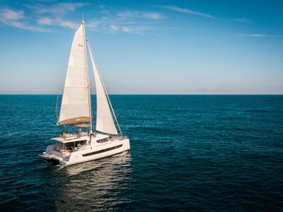 Exterior view of First Tracks, a Bali 4.6 catamaran at Belize City, Belize