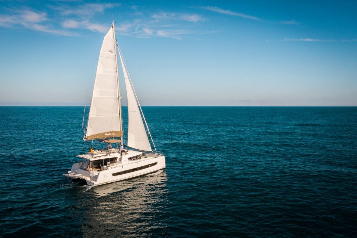 Exterior view of First Tracks, a Bali 4.6 catamaran at Belize City, Belize