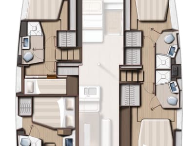 Floor plan of First Tracks, a Bali 4.6 catamaran at Belize City, Belize