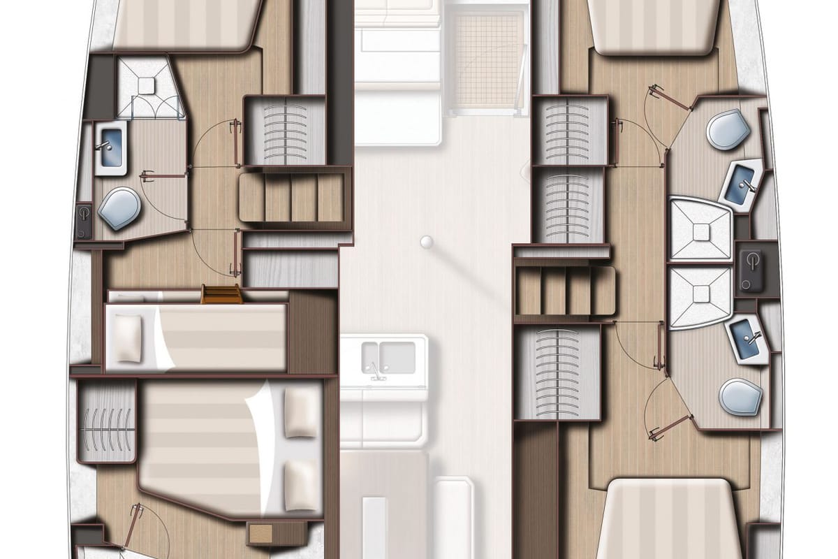 Floor plan of First Tracks, a Bali 4.6 catamaran at Belize City, Belize
