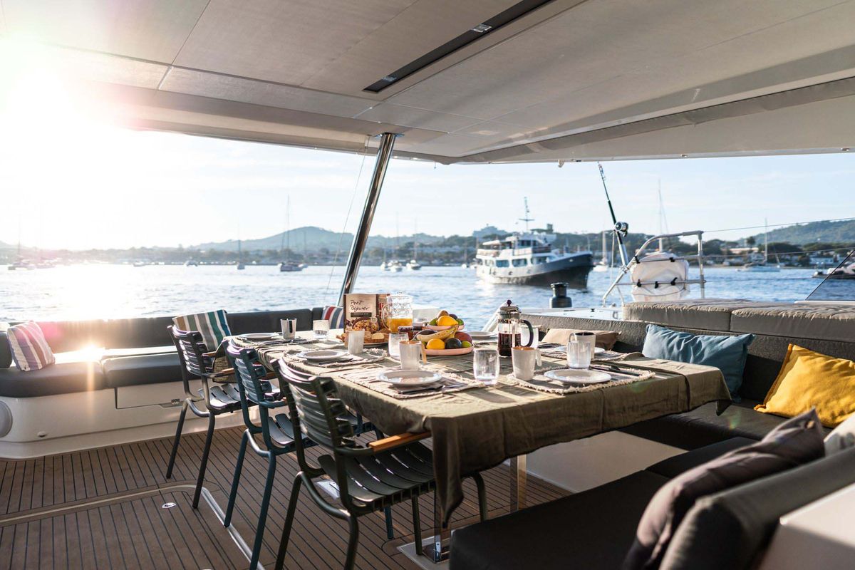 Deck of Isahi, a Fountaine Pajot Samana 59 catamaran at Cogolin, France