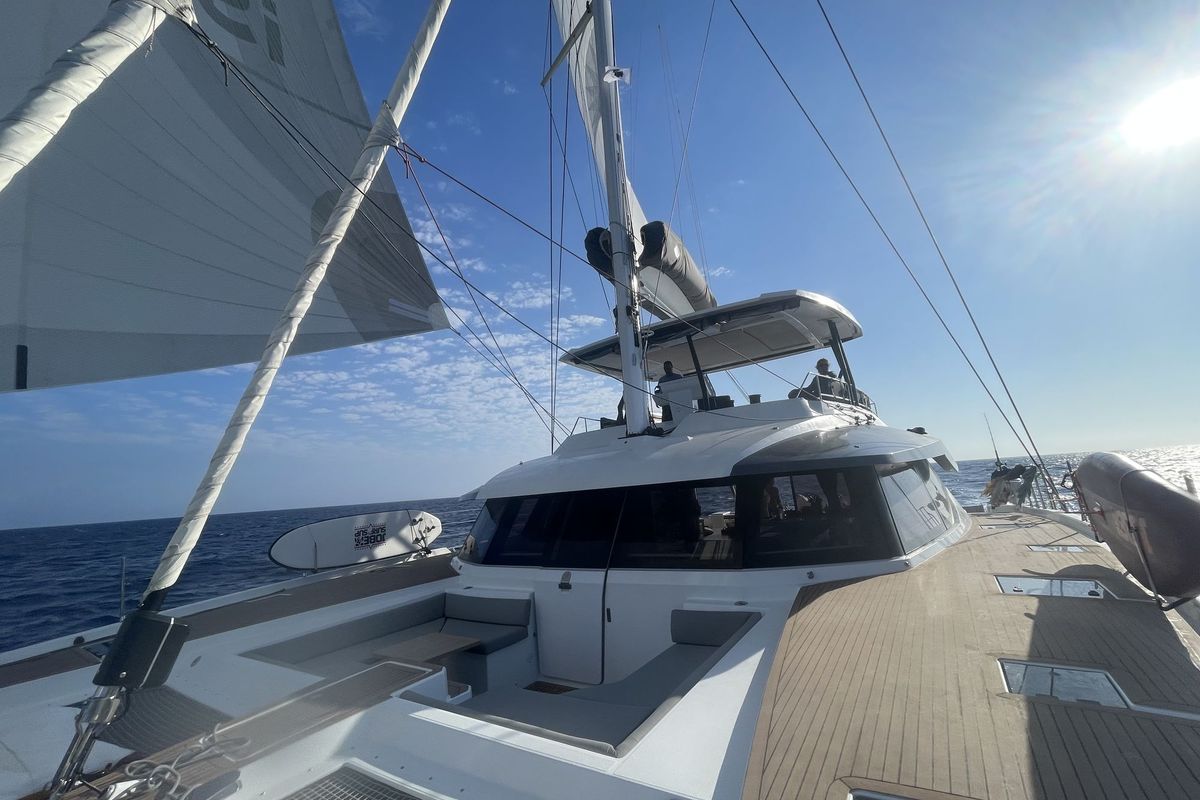 Deck of Isahi, a Fountaine Pajot Samana 59 catamaran at Cogolin, France
