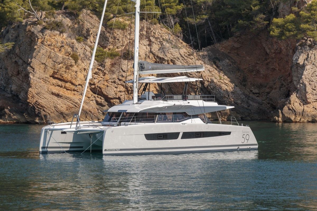 Exterior view of Isahi, a Fountaine Pajot Samana 59 catamaran at Cogolin, France