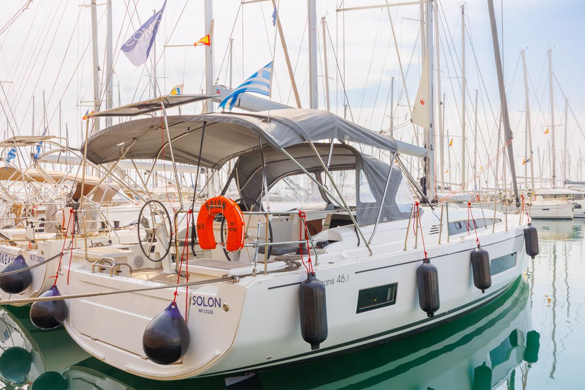Exterior view of Solon, a Beneteau Oceanis 46.1 sailboat at Athens, Greece