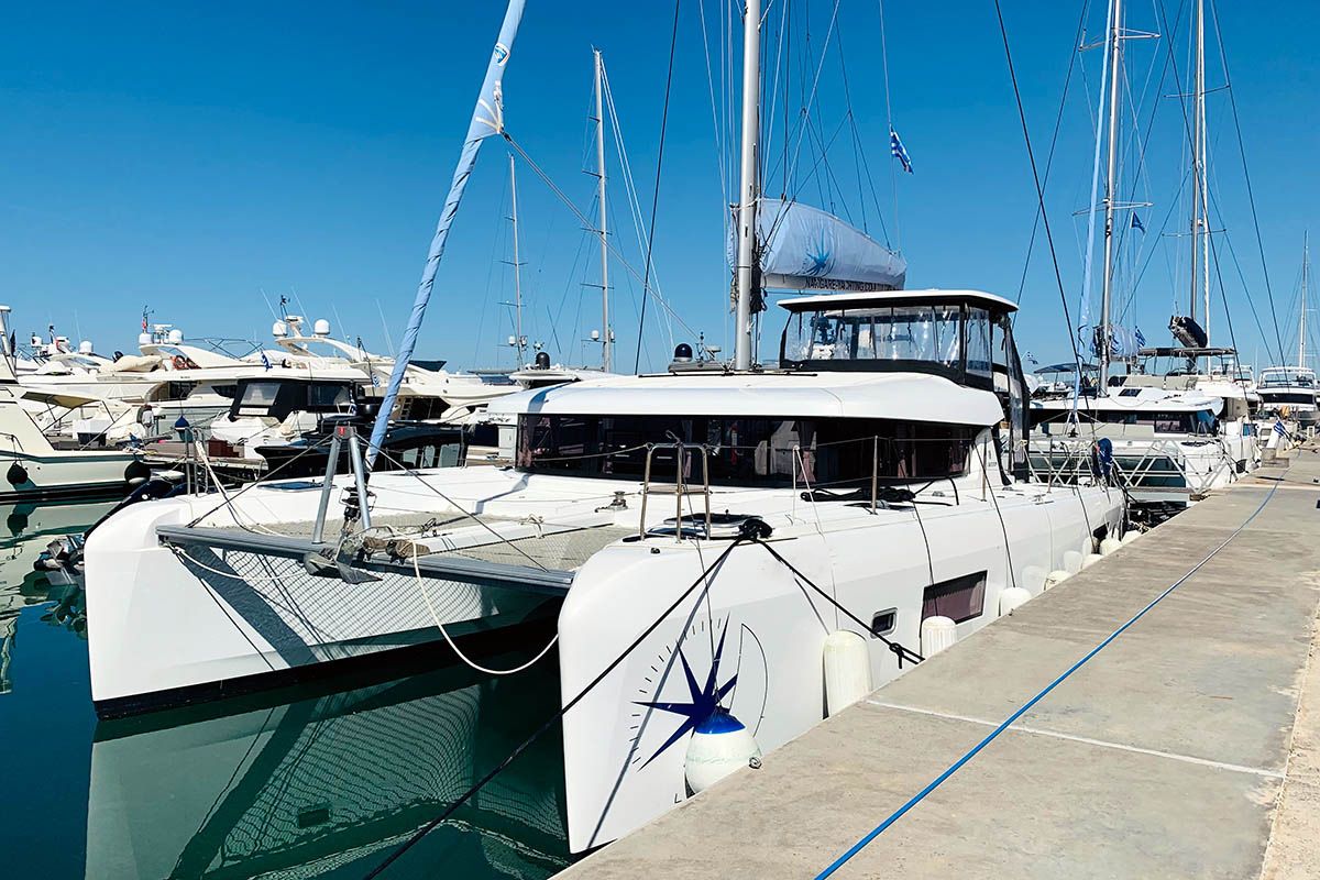 Exterior view of Burguesinha, a Lagoon 42 catamaran at Athens, Greece