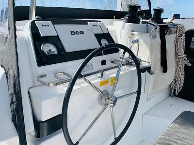 Cockpit of Burguesinha, a Lagoon 42 catamaran at Athens, Greece