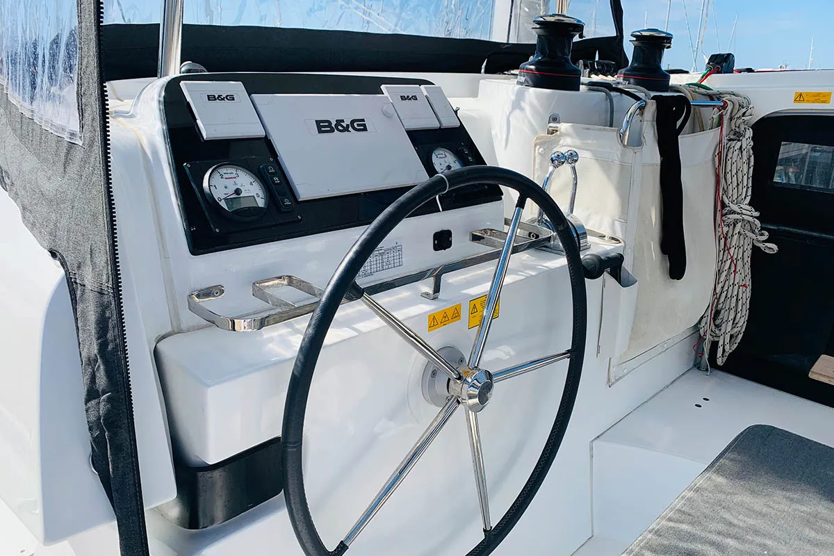 Cockpit of Burguesinha, a Lagoon 42 catamaran at Athens, Greece