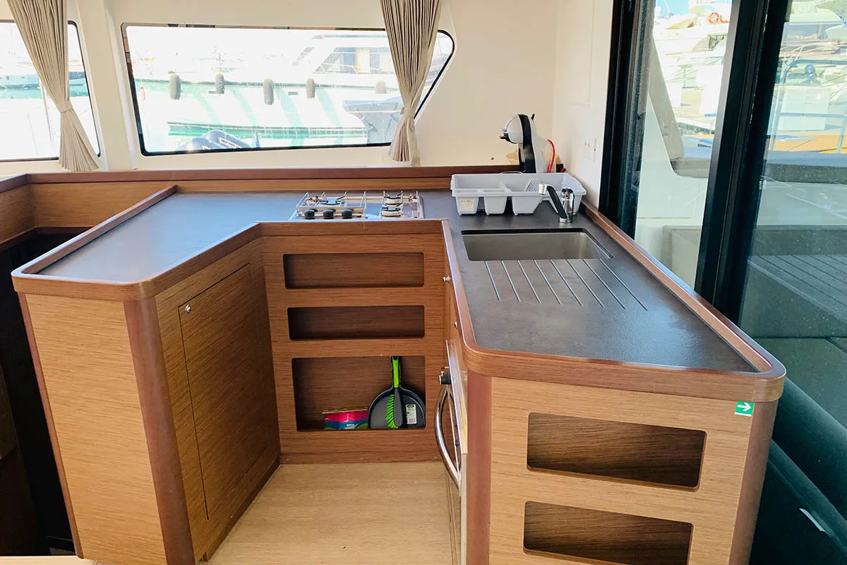 Galley of Burguesinha, a Lagoon 42 catamaran at Athens, Greece
