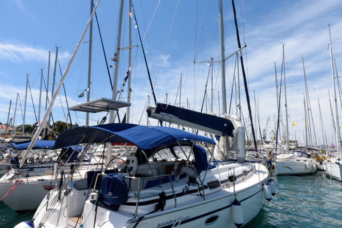 Exterior view of Dorko, a Bavaria 39 Cruiser sailboat at Grad Trogir, Croatia