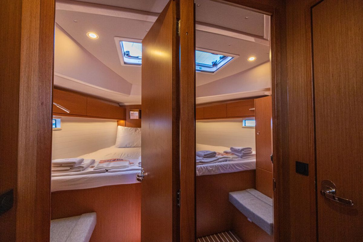Cabin on Just Be, a Bavaria Cruiser 46 sailboat at Bodrum, Turkey