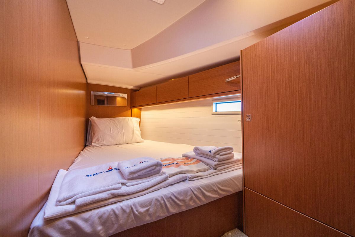 Cabin on Just Be, a Bavaria Cruiser 46 sailboat at Bodrum, Turkey