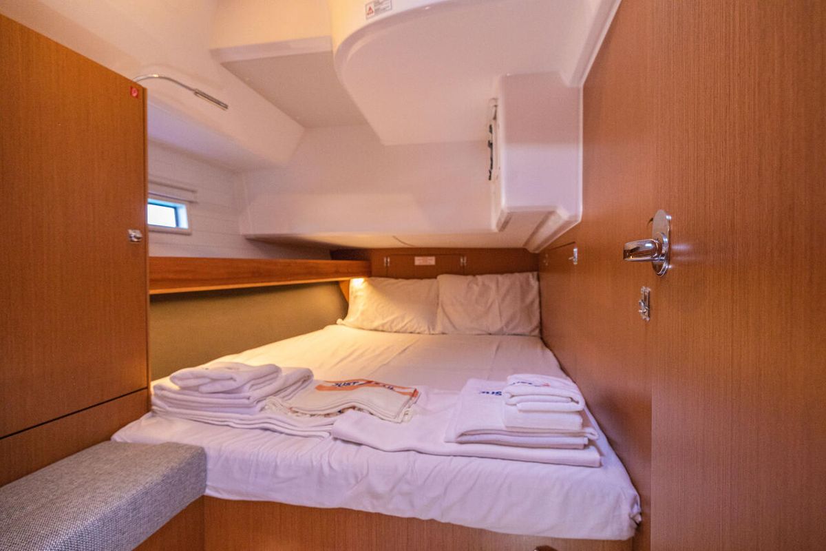 Cabin on Just Be, a Bavaria Cruiser 46 sailboat at Bodrum, Turkey