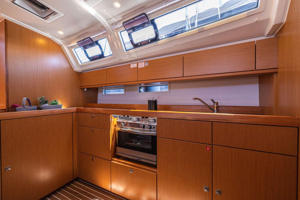 Galley of Just Be, a Bavaria Cruiser 46 sailboat at Bodrum, Turkey