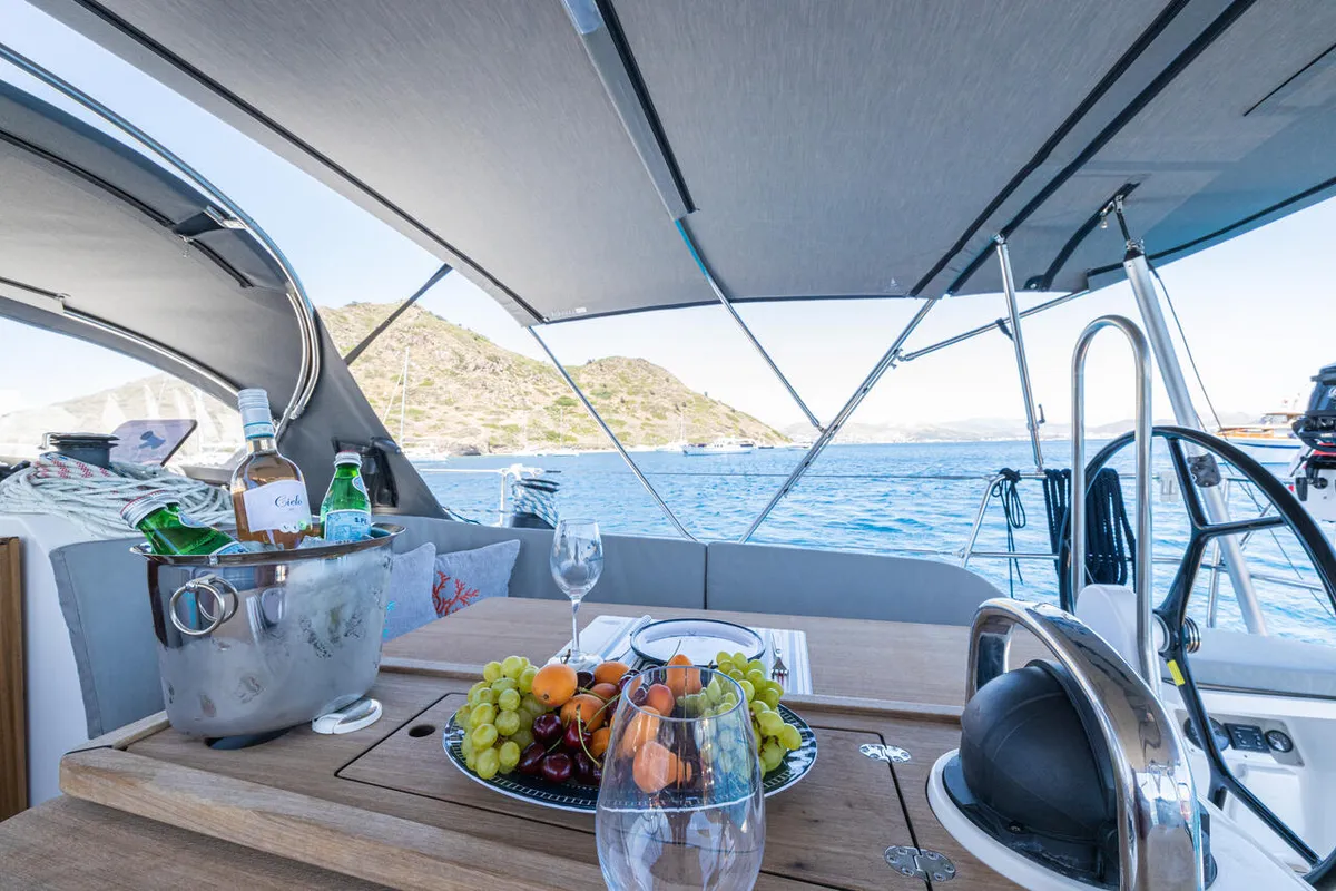 Deck of Just Be, a Bavaria Cruiser 46 sailboat at Bodrum, Turkey