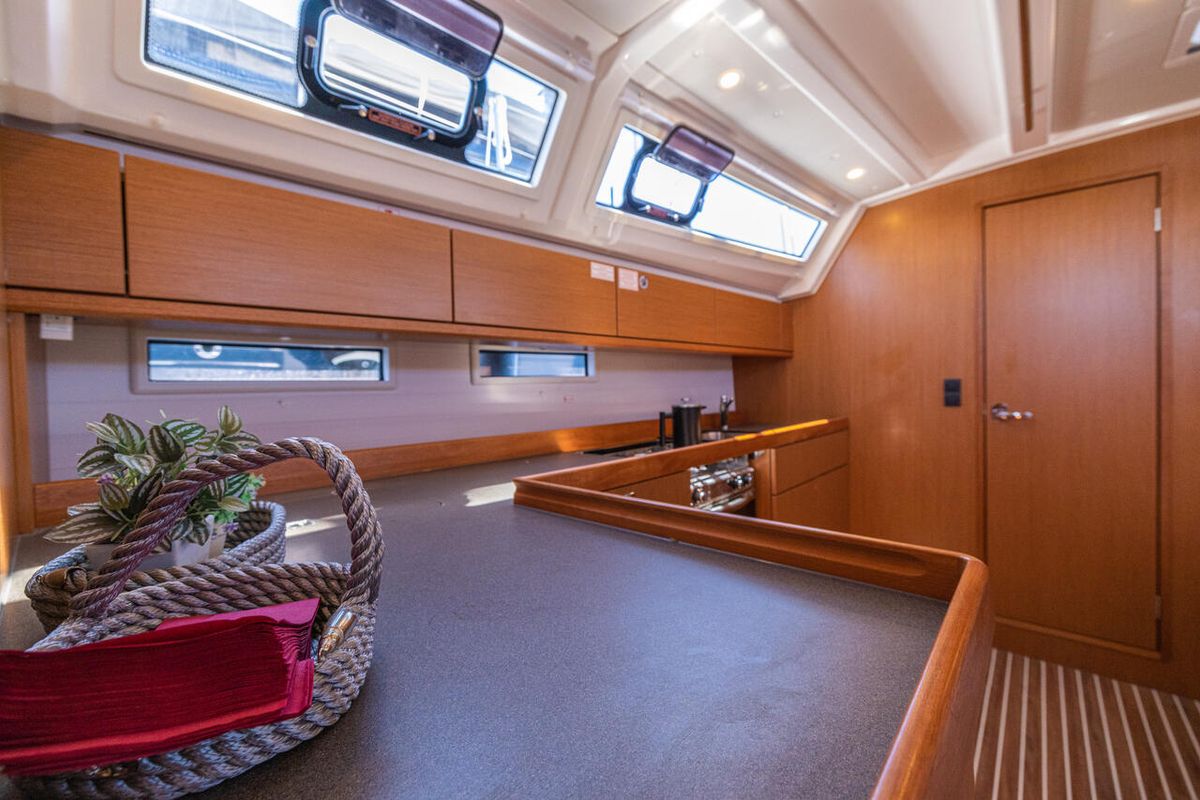 Galley of Just Be, a Bavaria Cruiser 46 sailboat at Bodrum, Turkey