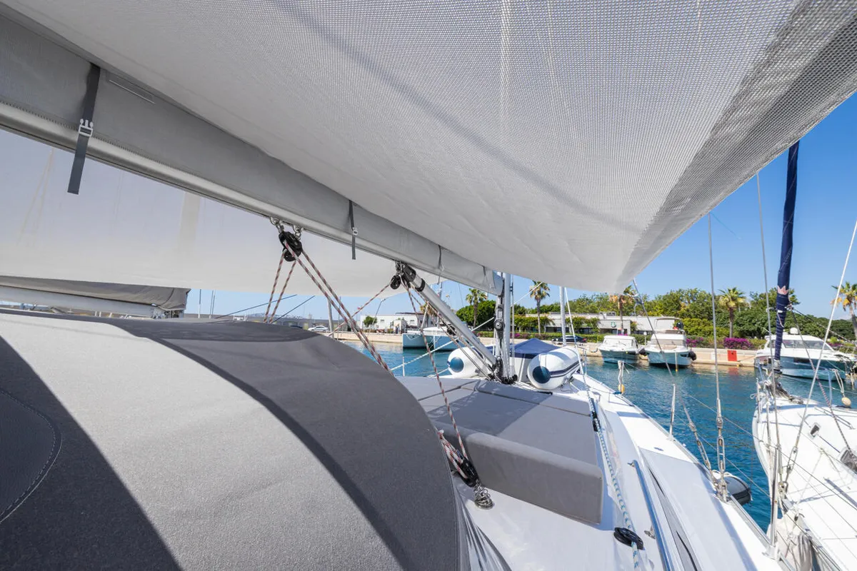 Deck of Just Be, a Bavaria Cruiser 46 sailboat at Bodrum, Turkey