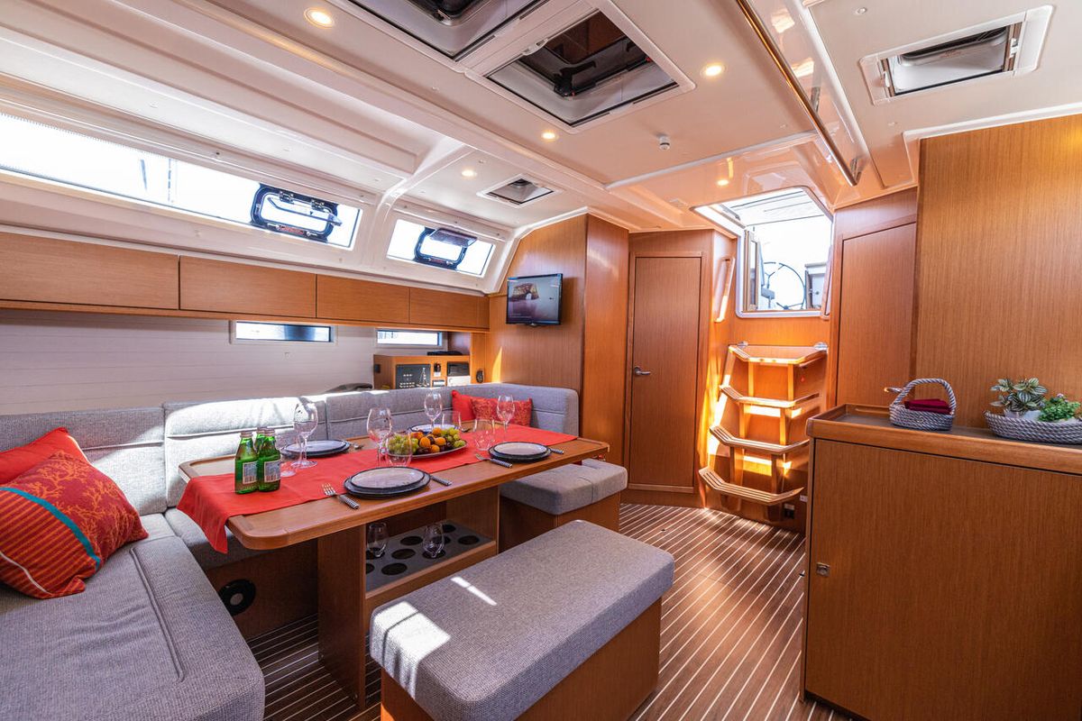 Salon of Just Be, a Bavaria Cruiser 46 sailboat at Bodrum, Turkey