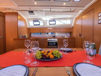 Salon of Just Be, a Bavaria Cruiser 46 sailboat at Bodrum, Turkey