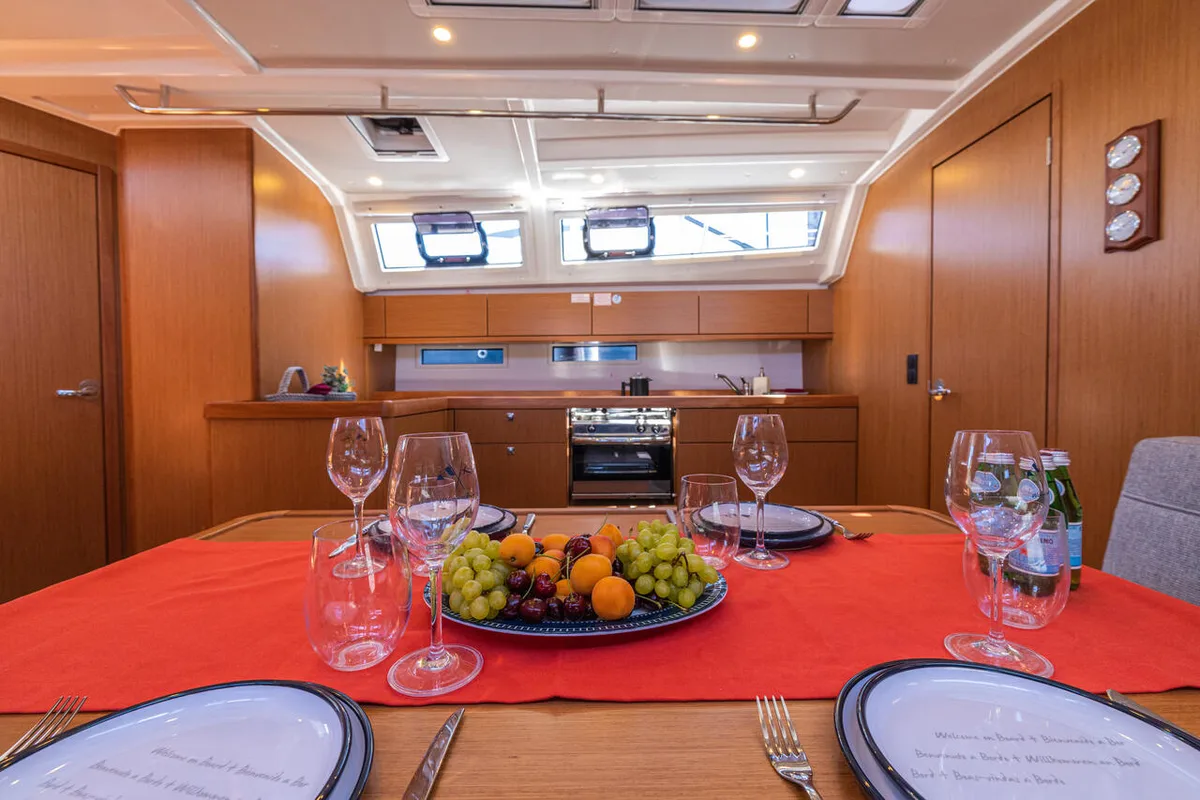 Salon of Just Be, a Bavaria Cruiser 46 sailboat at Bodrum, Turkey