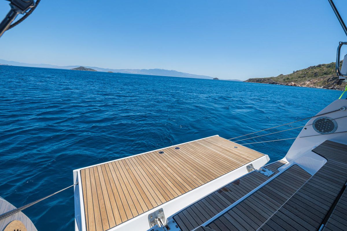 Deck of Just Be, a Bavaria Cruiser 46 sailboat at Bodrum, Turkey