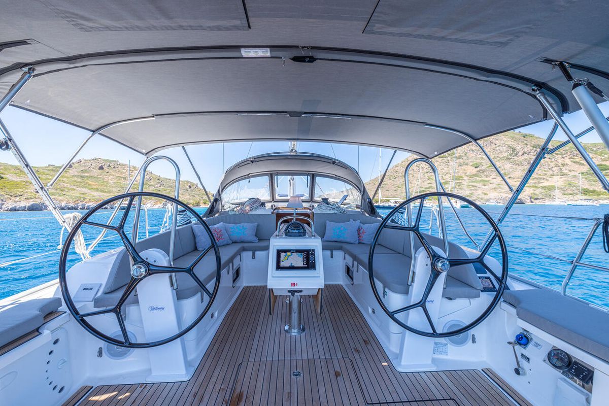 Cockpit of Just Be, a Bavaria Cruiser 46 sailboat at Bodrum, Turkey
