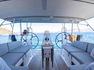 Deck of Just Be, a Bavaria Cruiser 46 sailboat at Bodrum, Turkey