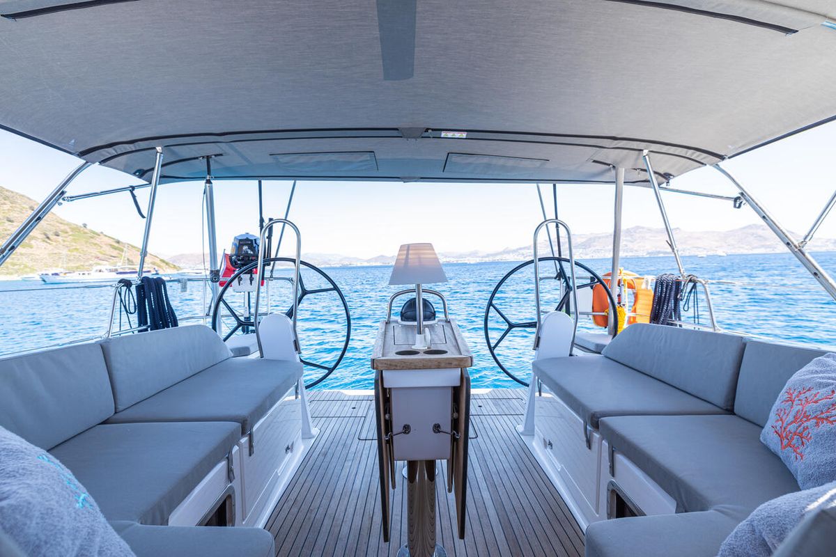 Deck of Just Be, a Bavaria Cruiser 46 sailboat at Bodrum, Turkey
