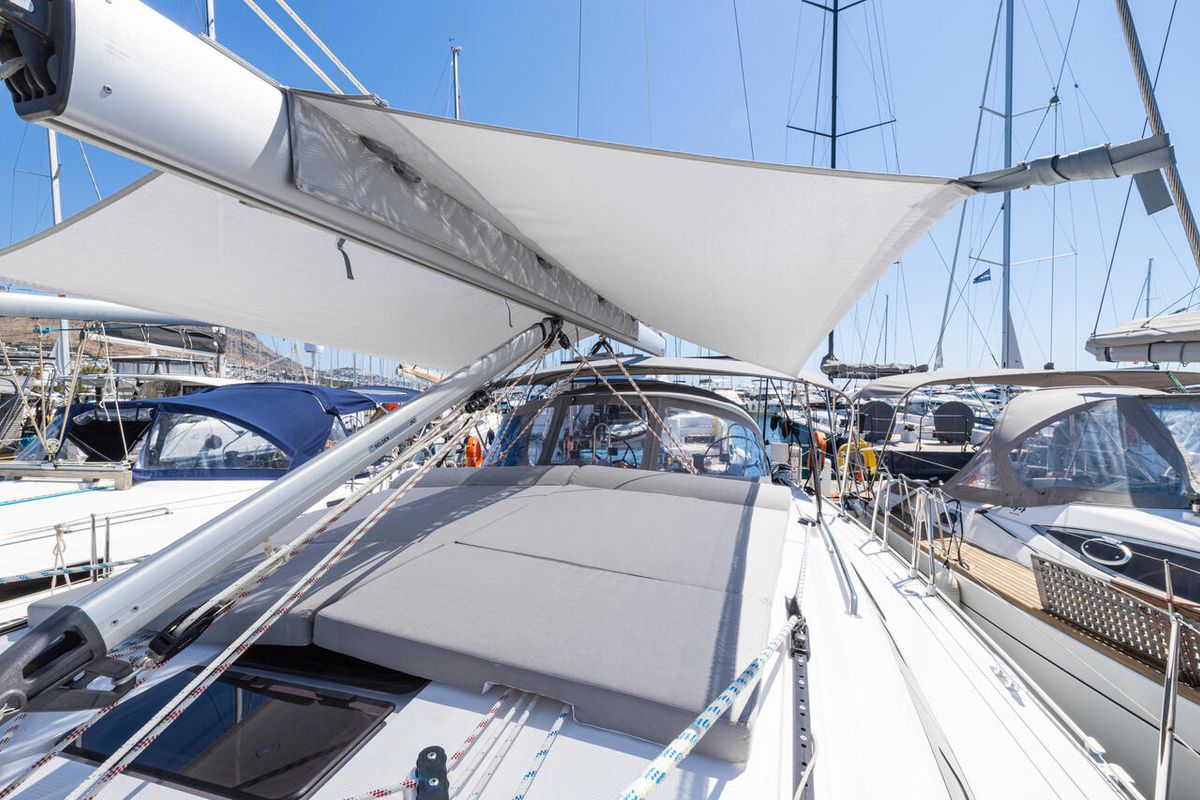 Deck of Just Be, a Bavaria Cruiser 46 sailboat at Bodrum, Turkey