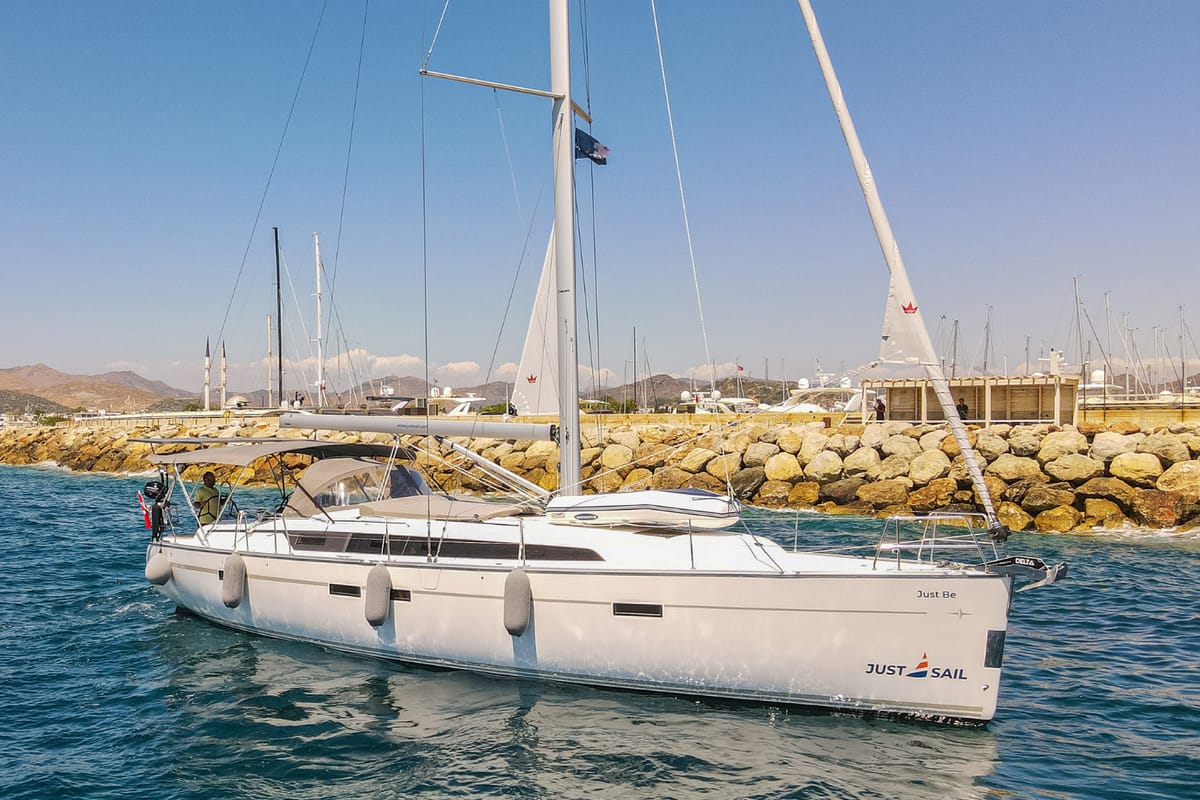 Exterior view of Just Be, a Bavaria Cruiser 46 sailboat at Bodrum, Turkey