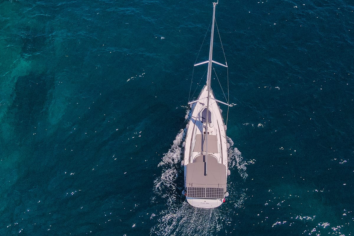 Exterior view of Just Be, a Bavaria Cruiser 46 sailboat at Bodrum, Turkey