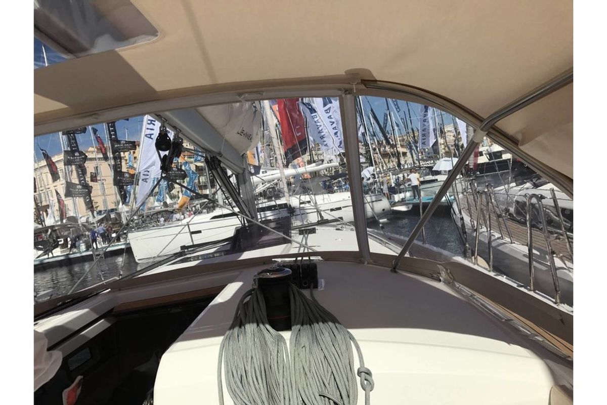 Deck of Kos 440.1, a Jeanneau Sun Odyssey 440 sailboat at Athens, Greece