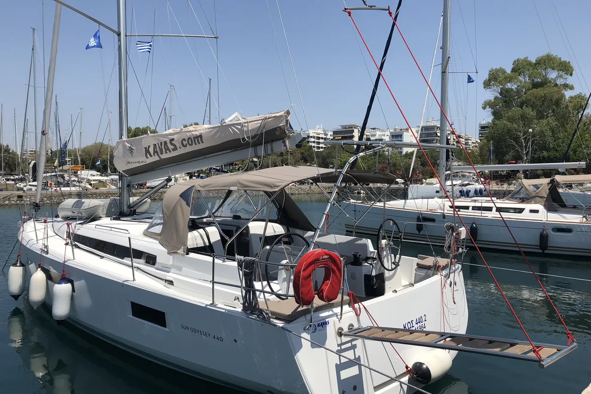 Exterior view of Kos 440.1, a Jeanneau Sun Odyssey 440 sailboat at Athens, Greece