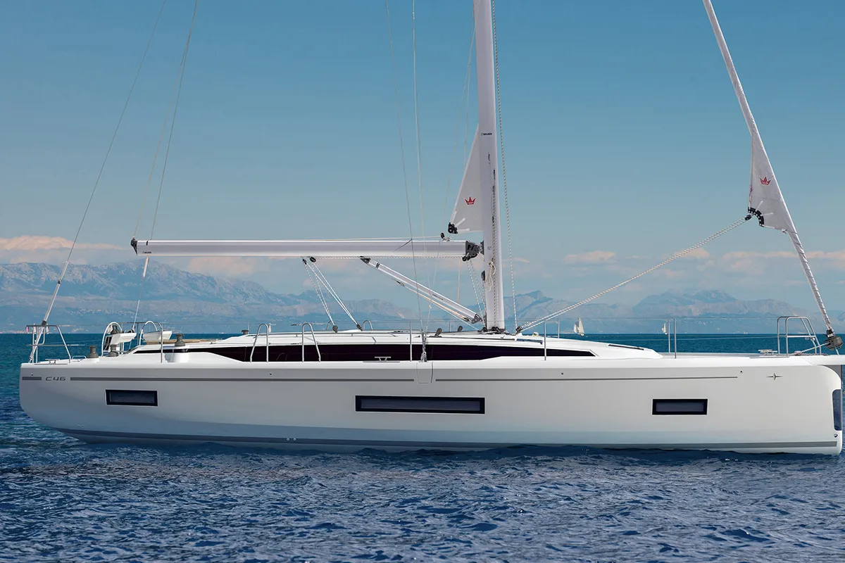 Exterior view of Sueno, a Bavaria C46 sailboat at Fethiye, Turkey